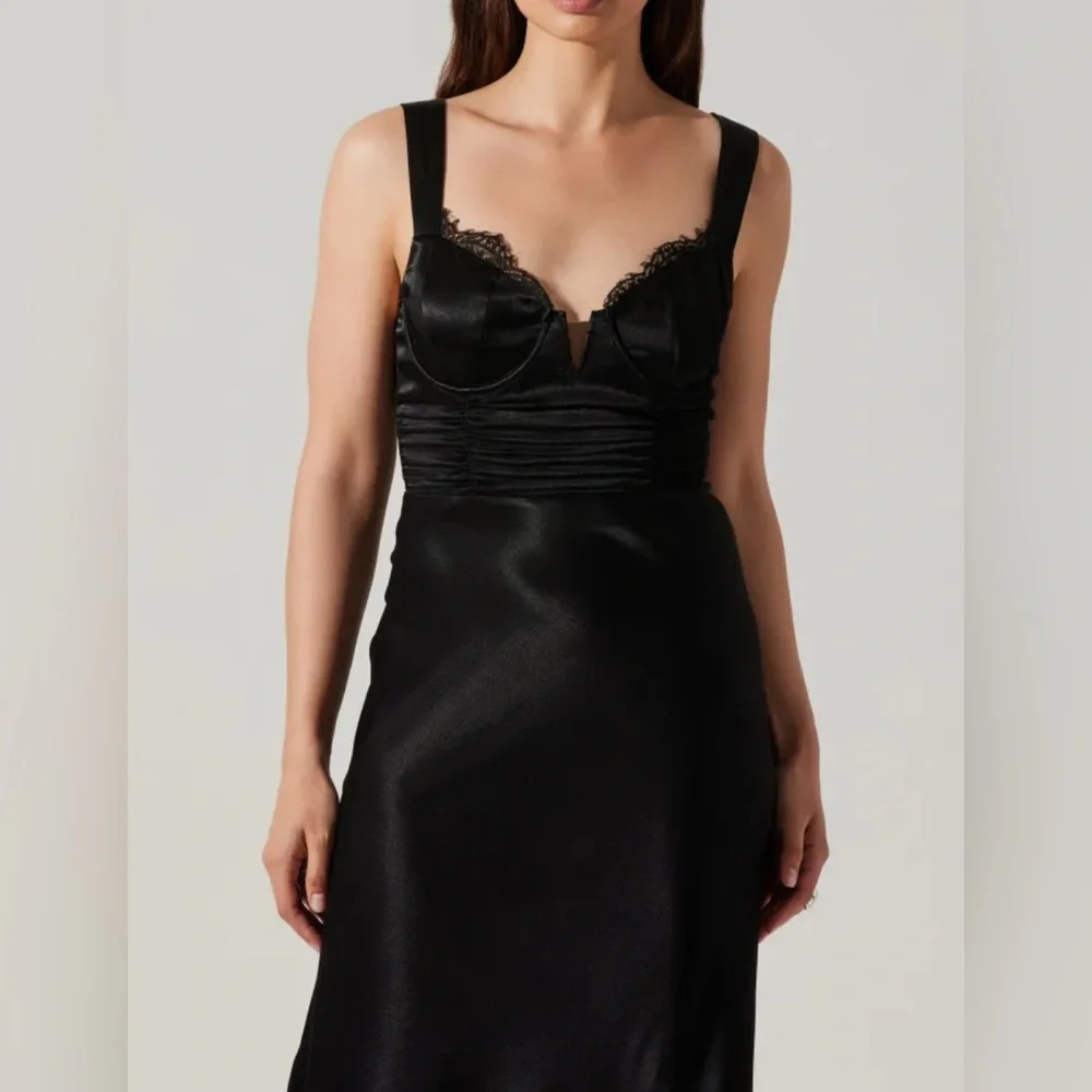 NEW Astr Aeris Satin Lace Trim Maxi Dress Navy Sz Medium Bustier Corset Feminine - Picture 15 of 17